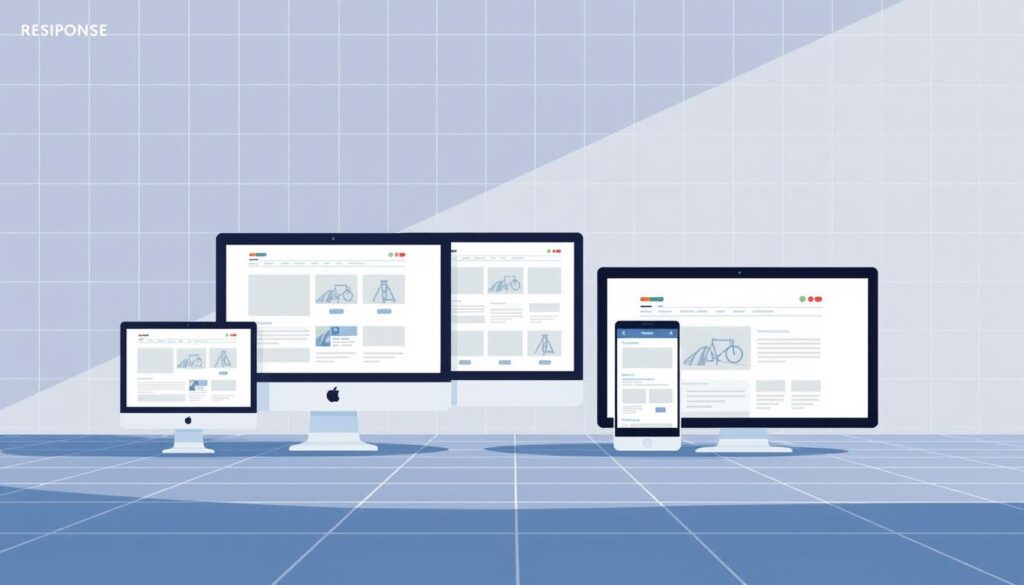 A modern website with a fluid, responsive layout. The foreground features a variety of screen sizes, from a large desktop monitor to a small smartphone, all seamlessly adapting to the browser viewport. The middle ground showcases various web elements like navigation menus, images, and text blocks, resizing and rearranging fluidly. In the background, a grid-like pattern of lines and shapes suggests the underlying technical framework of responsive web design. The scene is illuminated by soft, diffused lighting, creating a clean, minimalist aesthetic. The overall mood is one of flexibility, adaptability, and the harmonious integration of design and technology.