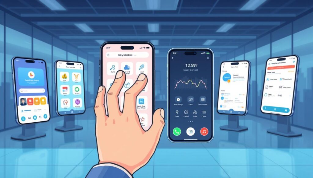 A modern, well-designed mobile app with a vibrant and intuitive user interface. The app features a clean, minimalist layout with a focus on usability and efficiency. Sleek icons, smooth animations, and a cohesive color palette create a visually appealing and polished experience. In the foreground, a user interacts with the app, gesturing and navigating through the various screens. The middle ground showcases the app's key features and functionality, highlighting its versatility and capabilities. The background depicts a professional, tech-savvy environment, with a hint of cityscape or office setting, emphasizing the app's suitability for business and enterprise use. The overall scene conveys a sense of professionalism, innovation, and cutting-edge technology, reflecting the expertise and high-quality services offered by the mobile app development company.