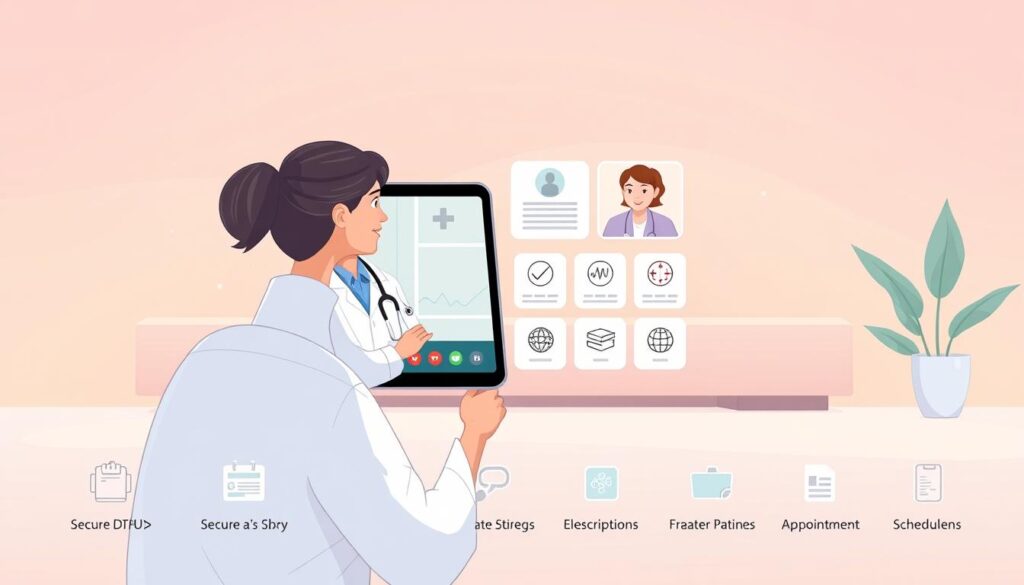 A modern, well-designed telehealth platform with a clean, minimalist interface. The foreground features a healthcare professional conducting a virtual consultation with a patient via a high-resolution video call, displayed on a sleek, state-of-the-art tablet device. The middle ground showcases various intuitive tools and features for secure data sharing, electronic prescriptions, and appointment scheduling. The background depicts a tranquil, pastel-toned environment with soft, diffused lighting, conveying a sense of comfort and professionalism. The overall scene highlights the ease, efficiency, and accessibility of remote healthcare consultations enabled by this advanced telehealth platform.