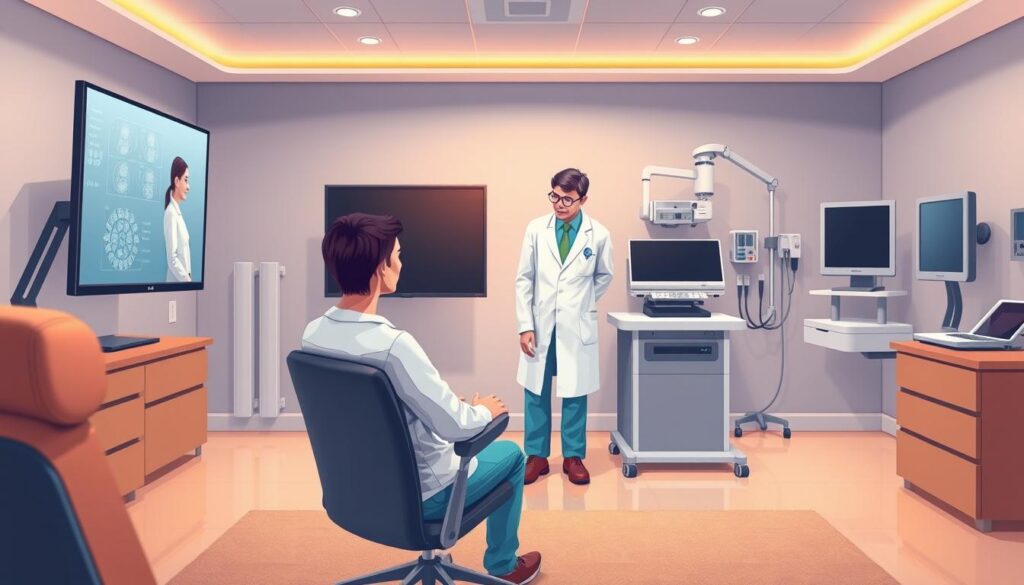 A modern, well-equipped telemedicine consultation room. In the foreground, a patient sits comfortably on an ergonomic chair, facing a high-resolution video screen. Warm, diffused lighting from overhead creates a calming atmosphere. In the middle ground, a healthcare professional, dressed in a clean, crisp lab coat, leans in attentively, engaging the patient through the screen. The background features sleek, state-of-the-art medical equipment, discreetly arranged to provide an efficient, tech-savvy environment for remote specialist consultations. The composition conveys a sense of professionalism, accessibility, and personalized patient care.