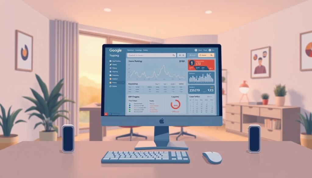 A neatly arranged desktop with a large monitor displaying a search engine results page (SERP) tracker interface. The tracker shows website rankings, keyword performance metrics, and competitor analysis in a clean, data-driven layout. The foreground features a sleek, modern computer setup with a high-resolution display, a minimalist keyboard and mouse, and a subtle ambient lighting that creates a focused, professional atmosphere. The background depicts a spacious, well-organized home office with warm, muted tones, natural wooden accents, and a large window offering a scenic view, conveying a sense of productivity and inspiration.