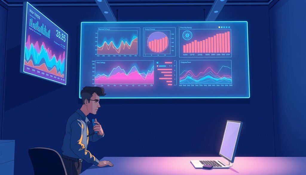 A neon-lit data visualization dashboard hovers above a sleek, minimalist workspace. Vibrant graphs and charts dance across multiple screens, their dynamic patterns casting a cool, technological glow. In the foreground, a lone data analyst leans in, interpreting the insights with a contemplative expression. Ambient lighting from above casts dramatic shadows, emphasizing the depth and complexity of the data analysis process. The overall scene conveys a sense of informed, data-driven decision making - a fusion of human intellect and technological power.