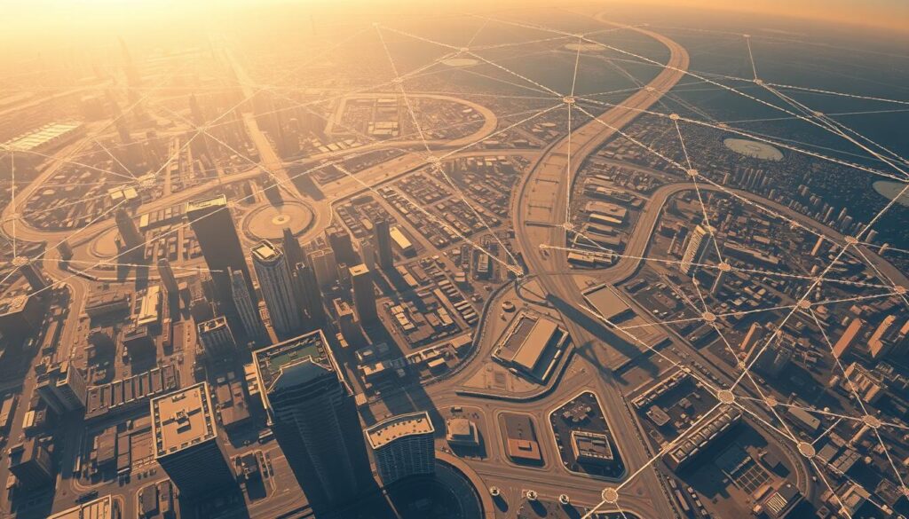 A panoramic aerial shot of a vast digital landscape. In the foreground, a towering network of interconnected nodes and hubs, representing the intricate web of backlinks, citations, and social signals. The middle ground features high-authority websites and industry influencers, casting long shadows of credibility across the scene. In the background, a hazy horizon of search engine algorithms and ranking factors, bathed in a warm, golden glow of trust and authority. The overall atmosphere conveys the strategic importance of off-page SEO in establishing a strong online presence and driving top search engine rankings.