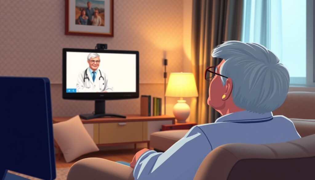 A peaceful and secure telemedicine consultation between a senior patient and their doctor. The patient sits comfortably in their living room, a warm glow from the lamps illuminating their face as they engage with the doctor on a high-resolution display. The doctor's image is clear and professional, conveying a sense of expertise and care. The room is tastefully decorated, with subtle patterns on the walls and soft furnishings that create a calming atmosphere. The camera angle is slightly elevated, giving a sense of security and privacy to the interaction. The overall mood is one of trust, reliability, and the seamless integration of technology into the senior's daily life.