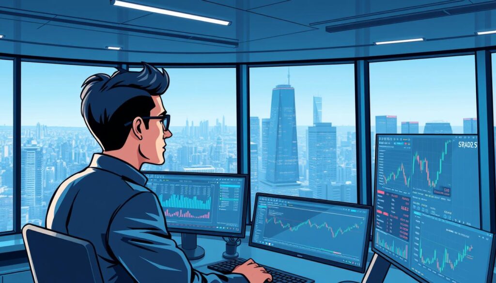 A pristine algorithmic trading platform with sleek, high-resolution displays showcasing real-time market data. The interface features intuitive trading tools, customizable dashboards, and advanced analytics. In the foreground, a professional trader closely monitors the markets, their expression focused and determined. The background is a sophisticated, tech-driven office setting, with floor-to-ceiling windows offering a panoramic view of a bustling financial district. The lighting is cool and modern, with subtle ambient illumination complementing the vibrant, data-rich screens. The overall atmosphere conveys a sense of precision, control, and the cutting edge of financial technology. A pristine algorithmic trading platform with sleek, high-resolution displays showcasing real-time market data. The interface features intuitive trading tools, customizable dashboards, and advanced analytics. In the foreground, a professional trader closely monitors the markets, their expression focused and determined. The background is a sophisticated, tech-driven office setting, with floor-to-ceiling windows offering a panoramic view of a bustling financial district. The lighting is cool and modern, with subtle ambient illumination complementing the vibrant, data-rich screens. The overall atmosphere conveys a sense of precision, control, and the cutting edge of financial technology.