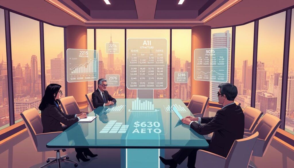 A professional, elegant conference room with high ceilings and large windows overlooking a bustling cityscape. A sleek glass conference table takes center stage, upon which various AI platform pricing structures are displayed as holographic projections. Executives in business attire sit around the table, examining the data intently. Warm, directional lighting casts a sophisticated ambiance, while subtle camera angles capture the gravity of the pricing discussion. The overall mood is one of strategic decision-making, as the team carefully evaluates the comparative costs and features of leading AI platforms.