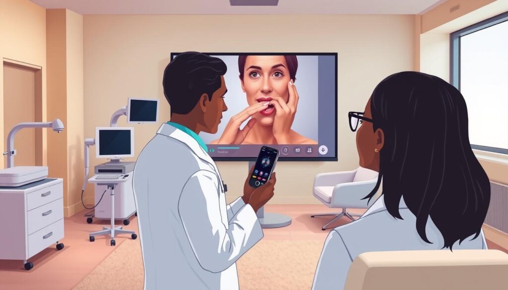 A professional-looking telemedicine consultation room with a large display screen showcasing a detailed dermatological examination. In the foreground, a doctor in a white coat examines a patient's skin condition, using a specialized handheld device. The middle ground features modern, minimalist medical equipment and furniture, creating a clean, efficient atmosphere. The background depicts a warm, softly lit room with large windows, suggesting a calming, private environment conducive to remote consultations. The lighting is soft and evenly distributed, capturing the nuances of skin tone and textures. The overall scene conveys the seamless integration of advanced technology and personalized medical care, highlighting the benefits of teledermatology in specialty care access.