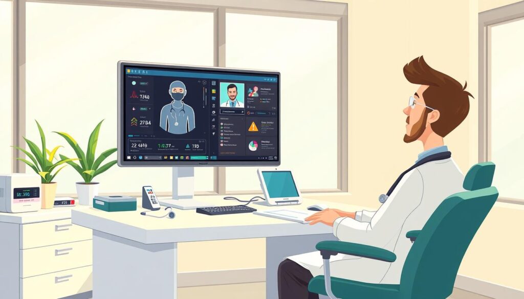 A professional medical consultation room with a doctor remotely examining a patient's health records on a large display. The room is well-lit with soft, natural lighting from large windows. The doctor's desk is clean and organized, with various medical instruments and gadgets. The patient's chair is comfortable and inviting. The overall atmosphere is calm, serene, and conveys a sense of trust and professionalism, reflecting the importance of a remote second opinion service.