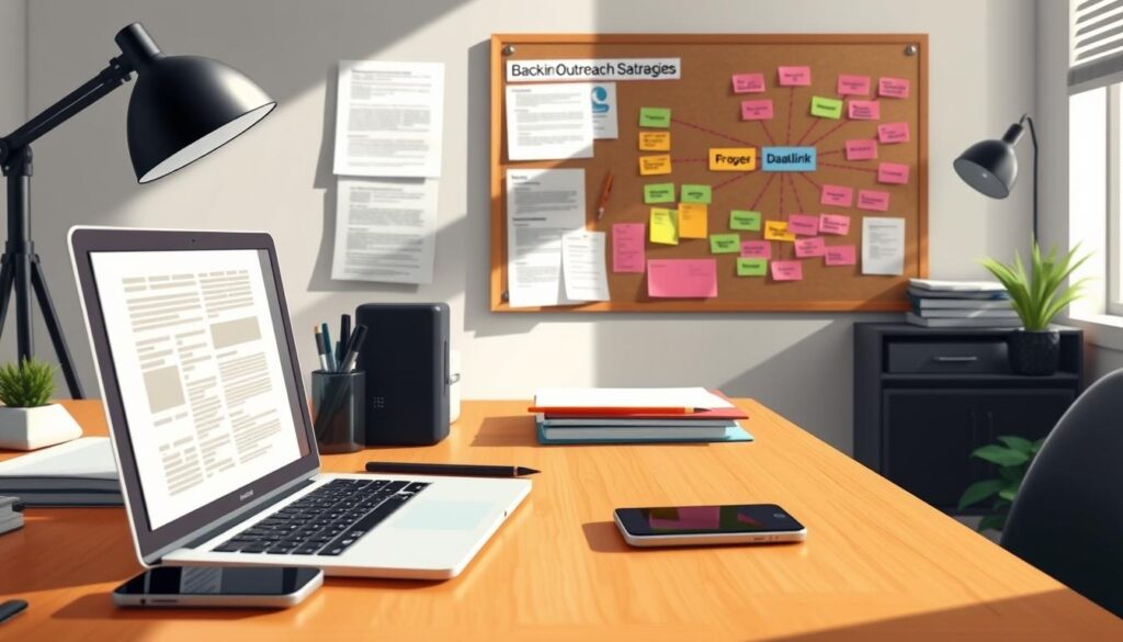 A professional, well-lit studio scene showcasing a laptop, smartphone, and various office supplies arranged neatly on a wooden desk. In the background, a bulletin board displays printed webpages, sticky notes, and a colorful mind map, all related to backlink outreach strategies. The lighting is soft and natural, casting subtle shadows that add depth and dimension to the composition. The overall mood is one of focused productivity and strategic planning, conveying the essence of effective backlink building techniques.