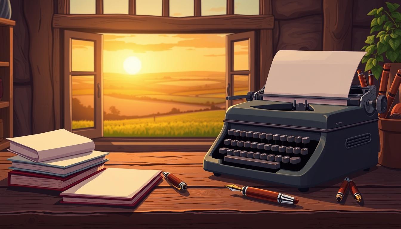 A quaint, rustic writing inspiration tool set against a warm, cozy backdrop. In the foreground, a vintage typewriter sits atop a weathered wooden desk, its keys gleaming under soft, natural lighting. Beside it, a stack of crisp, blank notebooks and a collection of well-worn fountain pens, each with its own unique character. In the middle ground, a large window frames a picturesque countryside landscape, bathed in the golden glow of a setting sun. The atmosphere is one of quiet contemplation, where the simple pleasures of the creative process take center stage, inviting the viewer to be inspired.