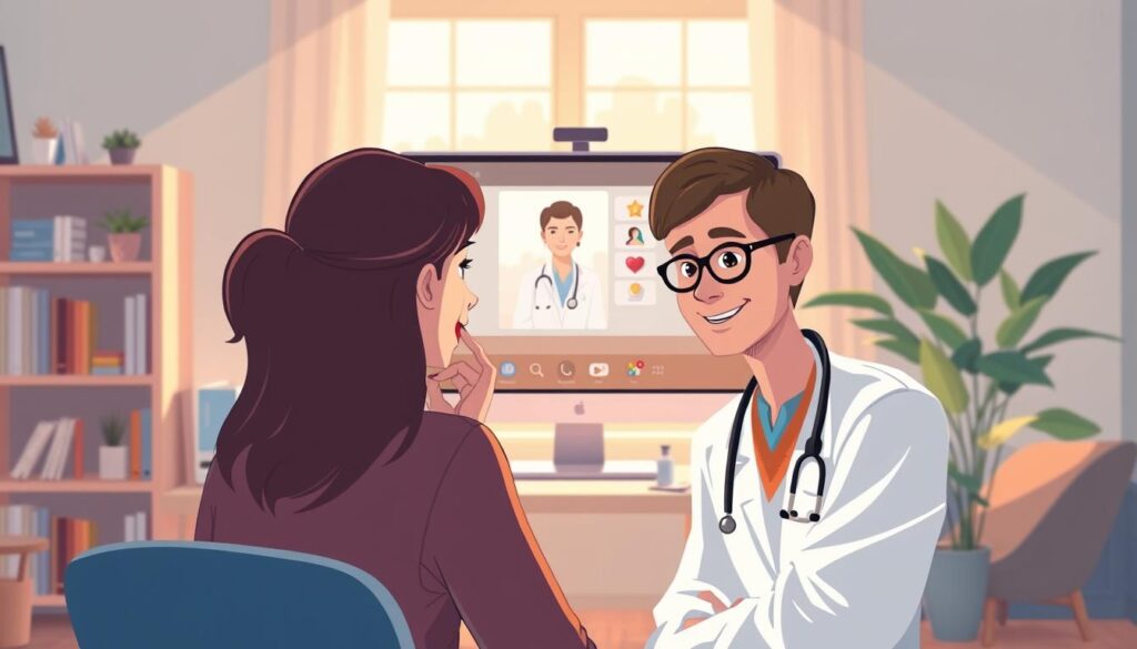 A remote telemedicine counseling session, captured in a warm, inviting atmosphere. In the foreground, a caring healthcare provider listens intently as a patient shares their concerns via a high-resolution video call, their faces illuminated by the soft, natural light filtering through the window behind them. In the middle ground, the provider's workspace features a sleek, modern computer setup and well-organized medical supplies, conveying a sense of professionalism and expertise. The background showcases a cozy, home-like setting, with bookshelves, plants, and subtle décor, creating a comfortable and reassuring environment for the patient. The overall scene emphasizes the personalized, accessible nature of remote healthcare delivery, reflecting the challenges faced by telemedicine providers in establishing trust and rapport with their patients.