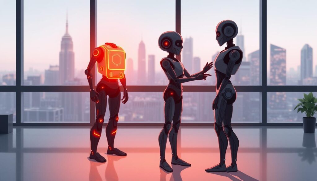 A responsible AI system stands tall, its circuits glowing with a warm, amber hue. In the foreground, a humanoid figure interacts with the AI, their movements fluid and natural. The background is a sleek, minimalist office setting, with large windows offering a panoramic view of a bustling city skyline. Subtle lighting casts gentle shadows, emphasizing the AI's intricate components and the harmonious collaboration between human and machine. The overall atmosphere conveys a sense of balance, trust, and the ethical integration of advanced technology into society. A responsible AI system stands tall, its circuits glowing with a warm, amber hue. In the foreground, a humanoid figure interacts with the AI, their movements fluid and natural. The background is a sleek, minimalist office setting, with large windows offering a panoramic view of a bustling city skyline. Subtle lighting casts gentle shadows, emphasizing the AI's intricate components and the harmonious collaboration between human and machine. The overall atmosphere conveys a sense of balance, trust, and the ethical integration of advanced technology into society.