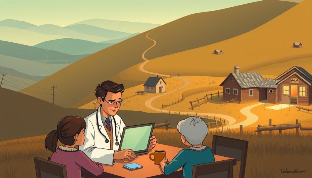 A rural village nestled in rolling hills, a doctor's face illuminated by the soft glow of a laptop screen as they consult with a patient miles away. In the foreground, a family gathers around the kitchen table, discussing the cost-savings and convenience of this telemedicine visit. The middle ground features a modest clinic, its doors open to welcome those who would otherwise struggle to access care. In the background, the winding roads and distant farmhouses symbolize the challenges of distance and isolation that telemedicine aims to overcome. Warm, earthy tones, muted lighting, and a sense of community and connection convey the human impact of this technological innovation.