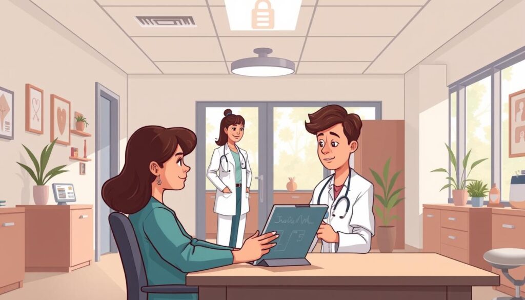 A secure and inviting medical office interior, filled with natural light and a sense of privacy. In the foreground, a patient seated at a desk, engrossed in reviewing digital health records on a tablet, their expression conveying trust and empowerment. Subtle icons and visual cues suggest robust data encryption and secure network connectivity. In the middle ground, a nurse or physician standing nearby, their posture conveying care and professionalism. The background features muted, calming colors and tasteful decor, creating an atmosphere of patient-centric care. Soft, diffused lighting from overhead fixtures and large windows enhances the sense of comfort and confidentiality.