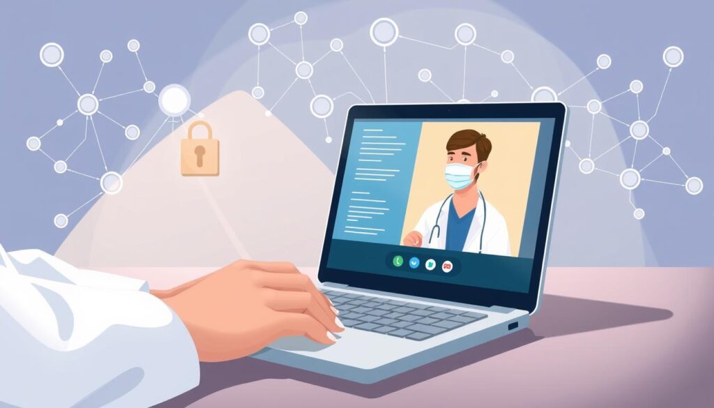 A secure telemedicine setup with a doctor and patient connected via a virtual consultation. In the foreground, a doctor's hands type on a laptop, the screen displaying encrypted patient data. In the middle, the doctor and patient converse via a video call, both wearing protective masks. In the background, a network of nodes and data flows symbolize the secure data transmission, with blockchain-inspired visuals. Soft, muted lighting creates a sense of professionalism and trust. The overall atmosphere conveys the importance of maintaining patient privacy and the robust security measures in place for telemedicine. A secure telemedicine setup with a doctor and patient connected via a virtual consultation. In the foreground, a doctor's hands type on a laptop, the screen displaying encrypted patient data. In the middle, the doctor and patient converse via a video call, both wearing protective masks. In the background, a network of nodes and data flows symbolize the secure data transmission, with blockchain-inspired visuals. Soft, muted lighting creates a sense of professionalism and trust. The overall atmosphere conveys the importance of maintaining patient privacy and the robust security measures in place for telemedicine.
