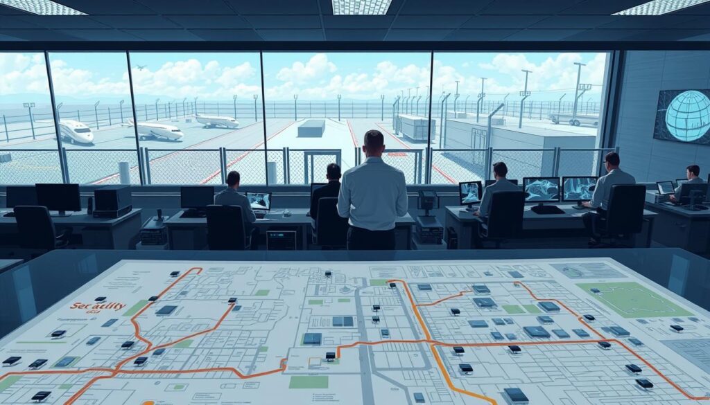 A security perimeter plan, captured through a wide-angle lens. In the foreground, a detailed map displays the layout of the facility, with various security access points and patrol routes marked. In the middle ground, security personnel review surveillance footage on a bank of monitors, vigilantly monitoring the premises. In the background, a panoramic view of the exterior showcases the array of fences, gates, and surveillance cameras strategically placed to deter and detect any unauthorized entry. The lighting is a mix of natural daylight and the cool glow of digital displays, creating an atmosphere of heightened vigilance and professionalism.