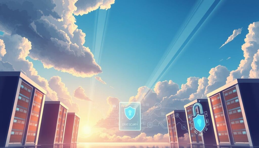 A serene, cloud-filled sky serves as the backdrop, symbolizing the expansive nature of cloud computing. In the foreground, sleek, futuristic data centers stand as fortresses, their robust security measures represented by gleaming walls and advanced surveillance systems. In the middle ground, holographic displays depict intricate security protocols, showcasing the multilayered defense against cyber threats. Beams of light intersect, representing the interconnectivity and the delicate balance between cloud-based AI systems and their robust security measures. The overall scene conveys a sense of technological sophistication, safety, and the critical importance of securing AI applications in the cloud.