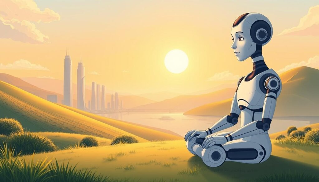 A serene, harmonious landscape with a central figure representing ethical AI. In the foreground, a human-like AI model sits cross-legged, emitting a soft, benevolent glow. The AI's expression is one of thoughtfulness and wisdom. In the middle ground, a futuristic city skyline with gleaming skyscrapers and clean, efficient transportation. The background features rolling hills and a tranquil lake, bathed in warm, golden sunlight. The scene conveys a sense of balance, transparency, and the responsible development of AI technologies in service of humanity.
