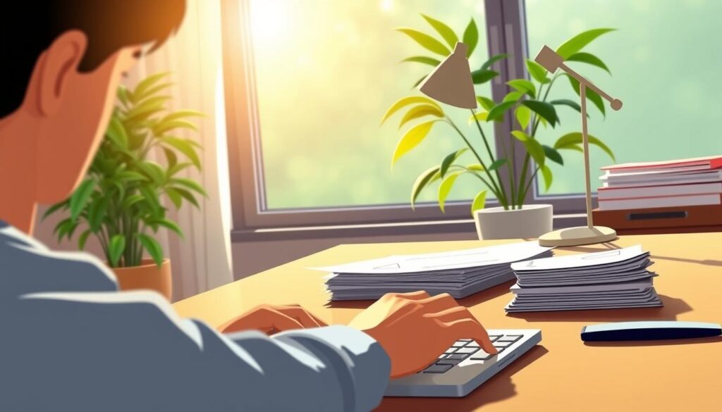 A serene home office, bathed in warm natural light streaming through a large window. A neatly organized desk features a laptop, a stack of documents, and a minimalist lamp. In the foreground, a person's hand types on the keyboard, their face obscured. The background showcases a lush indoor plant, adding a touch of greenery to the tranquil setting. The mood is one of focused productivity, hinting at the importance of effective email marketing strategies.