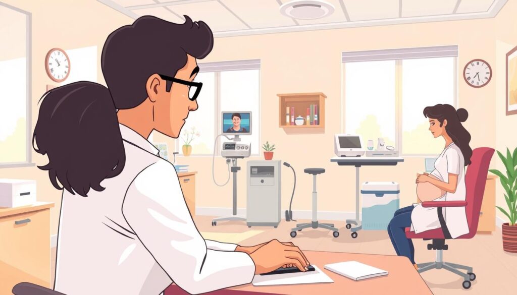 A serene medical consultation room with a warm, inviting atmosphere. In the foreground, a doctor wearing a white coat sits at a desk, intently discussing prenatal care with a pregnant patient on a high-resolution video call. Soft natural lighting filters in through large windows, creating a calming, professional ambiance. In the middle ground, various medical equipment and supplies are neatly arranged, reflecting the technological advancements enabling remote maternity care. The background features soothing pastel wall colors and tasteful decor, conveying a sense of comfort and trust essential for sensitive prenatal discussions. The scene captures the challenges of providing comprehensive, personalized telemedicine for expectant mothers, while emphasizing the care and expertise of the medical professionals.