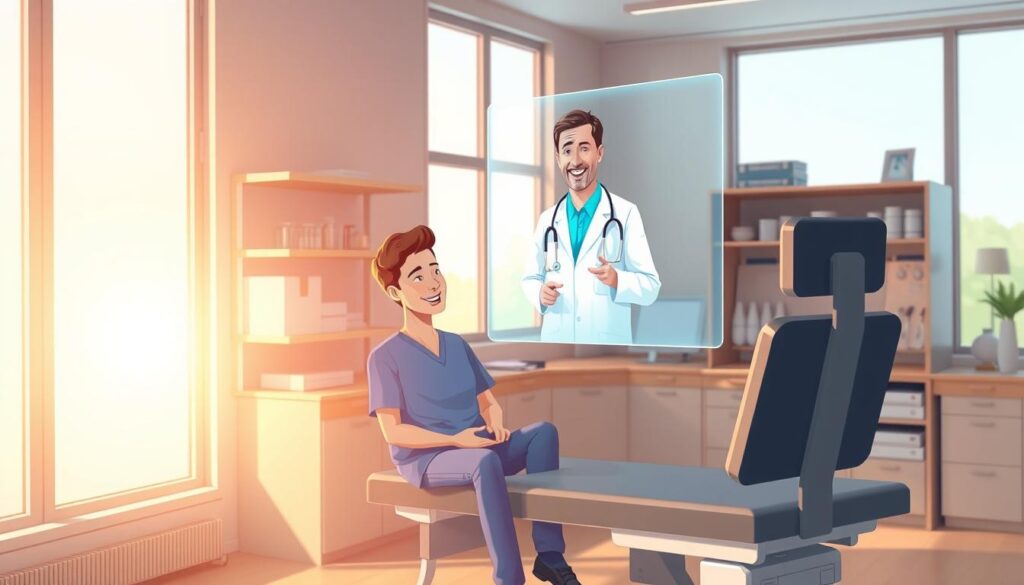 A serene medical office, bathed in warm, natural light streaming through large windows. In the foreground, a smiling patient sits comfortably on an examination table, conversing with a healthcare provider via a holographic video display. The provider's image is crisp and clear, creating an immersive telehealth experience. In the background, shelves and cabinets neatly organize medical supplies, while a stylish, minimalist décor invites a sense of calm and efficiency. The overall scene conveys the ease and cost-effectiveness of remote healthcare, facilitating early intervention and preventative care.