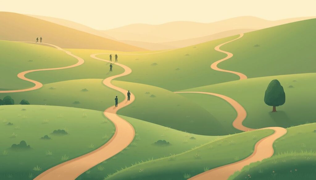 A serene, minimalist landscape depicting personal learning paths. In the foreground, multiple winding trails wind through a lush, verdant field, each path representing an individual's unique journey of growth and development. The trails converge and diverge, creating a dynamic, interconnected network. In the middle ground, a group of stylized, abstract human figures stand at various points along the paths, each figure symbolizing a learner engaged in their own transformative process. The background features a soft, hazy sky with muted, warm tones, creating a calming, introspective atmosphere. The lighting is soft and diffused, casting a gentle glow over the scene. The overall composition conveys the concept of personalized, flexible learning trajectories enabled by AI-powered training and development.