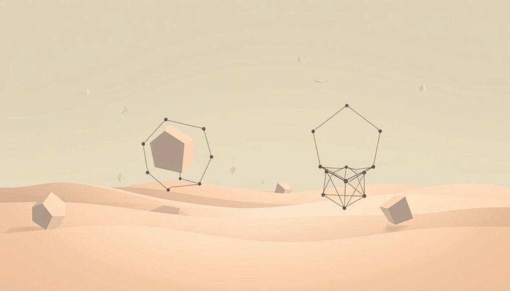 A serene, minimalist landscape of interconnected geometric shapes, representing the foundational ethical frameworks and principles guiding the development of responsible artificial intelligence. The shapes float in a soft, muted color palette, creating a contemplative and thoughtful atmosphere. Indirect lighting casts subtle shadows, emphasizing the depth and structure of the forms. The overall composition suggests the complexity and nuance inherent in designing ethical AI systems, while maintaining a sense of balance and harmony.