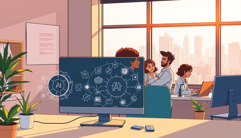 A serene office scene bathed in warm, natural lighting. In the foreground, a desktop computer displays an ethical AI framework with intricate icons representing transparency, fairness, and accountability. The middle ground features a diverse team of data scientists and engineers collaborating on a project, their expressions reflecting a thoughtful, collaborative approach. In the background, a large window overlooks a bustling cityscape, symbolic of the broader societal impact of ethical AI deployment. The atmosphere conveys a sense of purposeful innovation, where technology and human values coexist harmoniously. A serene office scene bathed in warm, natural lighting. In the foreground, a desktop computer displays an ethical AI framework with intricate icons representing transparency, fairness, and accountability. The middle ground features a diverse team of data scientists and engineers collaborating on a project, their expressions reflecting a thoughtful, collaborative approach. In the background, a large window overlooks a bustling cityscape, symbolic of the broader societal impact of ethical AI deployment. The atmosphere conveys a sense of purposeful innovation, where technology and human values coexist harmoniously.