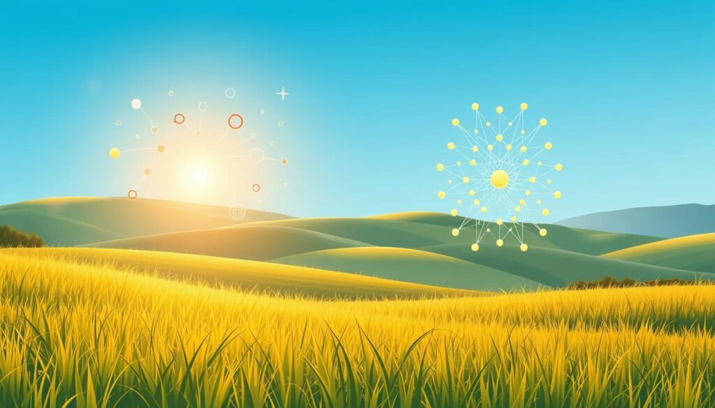 A serene, peaceful meadow bathed in warm, golden sunlight. In the foreground, a stylized visualization of natural language processing emerges, with abstract shapes and symbols representing the intricate processes of comprehending and interpreting human language. In the middle ground, a visualization of a neural network, its nodes and connections pulsing with energy, symbolizing the underlying computational mechanisms. In the background, a tranquil landscape with rolling hills, lush vegetation, and a clear blue sky, conveying the sense of natural harmony and balance. The overall composition suggests the harmony between the organic and the technological, the natural and the artificial, in the pursuit of understanding and mastering natural language.