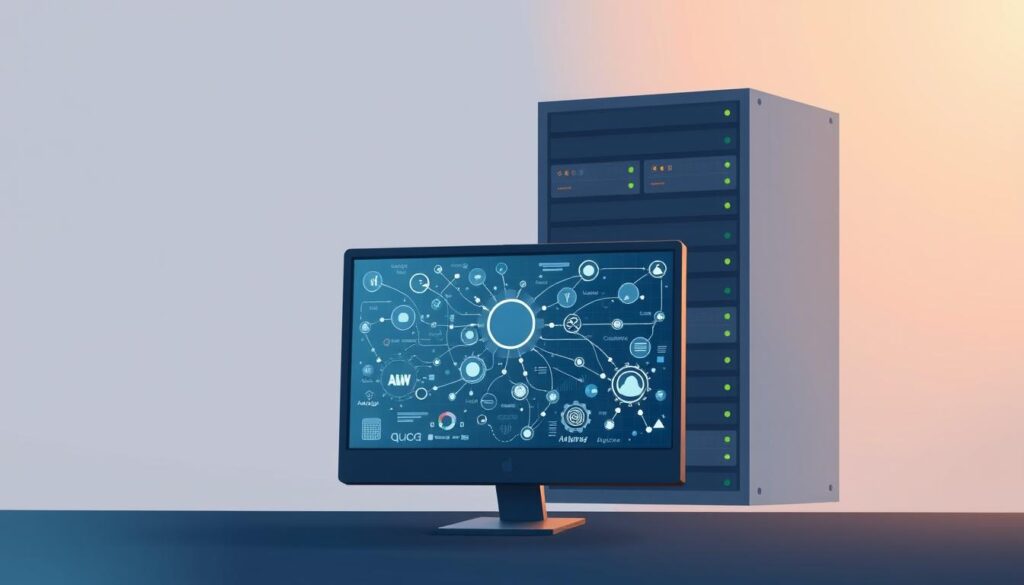 A serene, softly-lit scene of cognitive computing solutions in action. In the foreground, a sleek, minimalist desktop computer displays a holographic interface showcasing interconnected data flows and analytical algorithms. Behind it, a middle-ground of neatly-stacked server racks hum with the rhythmic pulse of processing power. The background is a calm, muted palette of grays and blues, evoking a sense of thoughtful contemplation and ethical consideration. Warm, indirect lighting casts a gentle glow, highlighting the harmonious integration of technology and its responsible application.