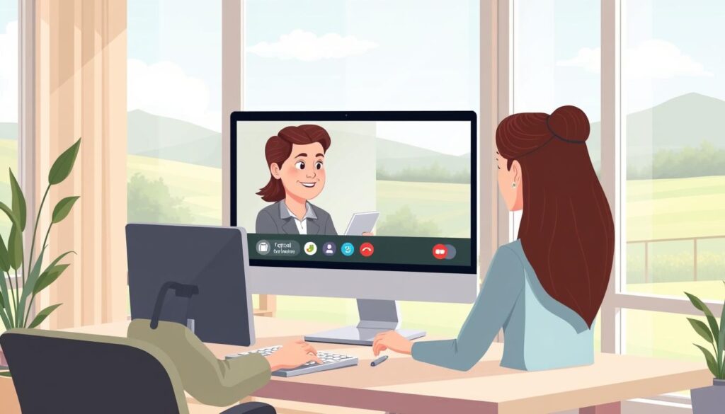 A serene virtual consultation room with a therapist and patient conversing on a video call. The room is filled with natural light, with large windows overlooking a peaceful landscape. The therapist's desk features a sleek computer monitor and minimalist decor, exuding a calming, professional atmosphere. The patient, appearing on the screen, is engaged in a sincere discussion, their expression one of openness and comfort. The scene conveys the accessibility and intimacy of remote mental health care, bridging the gap between provider and client through modern technology.