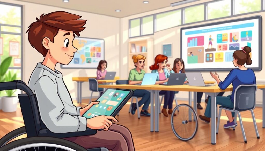 A serene, well-lit e-learning classroom with an inclusive, accessible setup. In the foreground, a student in a wheelchair uses a touchscreen device, their face lit with a sense of engagement. In the middle ground, a diverse group of learners collaborate on laptops, gesturing enthusiastically. The background features a large, interactive whiteboard displaying colorful visuals, signifying the integration of accessible technology. Natural lighting streams in through floor-to-ceiling windows, creating a warm, welcoming atmosphere. The overall scene conveys a harmonious, technology-enhanced learning environment catered to diverse accessibility needs.
