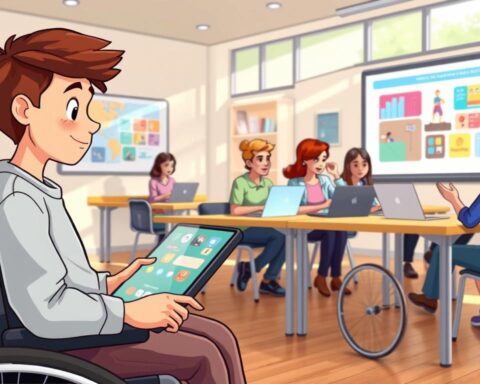 A serene, well-lit e-learning classroom with an inclusive, accessible setup. In the foreground, a student in a wheelchair uses a touchscreen device, their face lit with a sense of engagement. In the middle ground, a diverse group of learners collaborate on laptops, gesturing enthusiastically. The background features a large, interactive whiteboard displaying colorful visuals, signifying the integration of accessible technology. Natural lighting streams in through floor-to-ceiling windows, creating a warm, welcoming atmosphere. The overall scene conveys a harmonious, technology-enhanced learning environment catered to diverse accessibility needs.