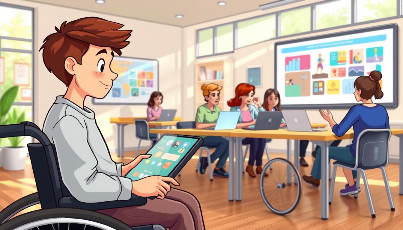 A serene, well-lit e-learning classroom with an inclusive, accessible setup. In the foreground, a student in a wheelchair uses a touchscreen device, their face lit with a sense of engagement. In the middle ground, a diverse group of learners collaborate on laptops, gesturing enthusiastically. The background features a large, interactive whiteboard displaying colorful visuals, signifying the integration of accessible technology. Natural lighting streams in through floor-to-ceiling windows, creating a warm, welcoming atmosphere. The overall scene conveys a harmonious, technology-enhanced learning environment catered to diverse accessibility needs.