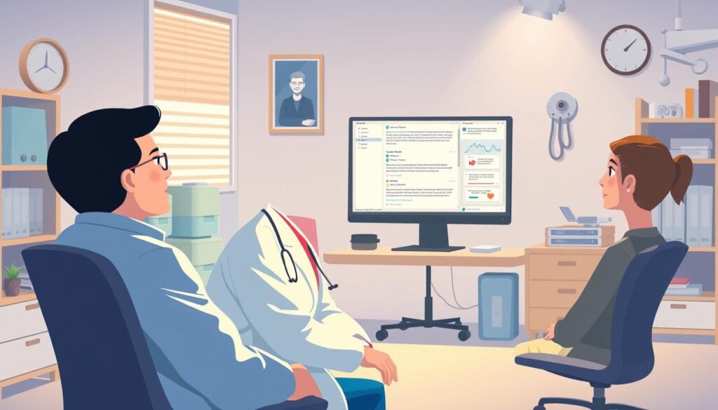 A serene, well-lit medical office setting with a doctor and patient engaged in a natural language processing-powered telehealth consultation. The foreground features the doctor and patient, their faces illuminated by a soft, warm lighting as they discuss the patient's medical concerns. The middle ground showcases a desktop computer displaying real-time natural language processing analytics, visualizing the conversation and providing insights to the doctor. The background depicts a calming, minimalist decor with medical equipment and reference materials, conveying a sense of professionalism and expertise. The overall atmosphere is one of trust, efficiency, and personalized care, reflecting the power of AI-driven telehealth triage.