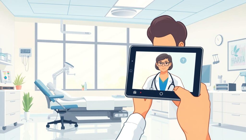 A serene, well-lit medical office with a healthcare professional conducting a virtual consultation on a tablet device. In the foreground, a patient sitting comfortably on an exam table, their face visible via a video call interface. Surrounding them, modern medical equipment and soothing decor that evokes a calming, patient-centric atmosphere. The middle ground features a desk with a computer and other telemedicine peripherals, conveying the integrated nature of remote care. The background showcases large windows, allowing natural light to flood the space and create a sense of openness and connection. The overall scene conveys a harmonious, technology-enabled approach to continuous, personalized healthcare.