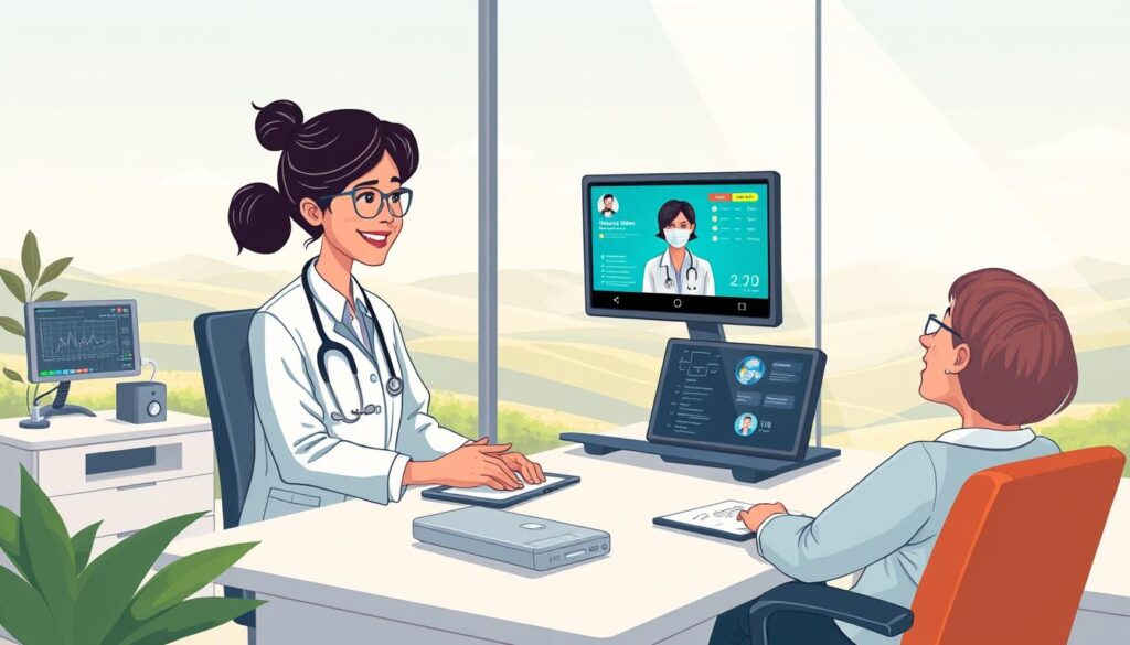 A serene, well-lit telehealth consultation room showcases the cost-effectiveness of preventive care. In the foreground, a professional healthcare provider attentively assists a patient via a high-resolution video call, their expressions warm and reassuring. The middle ground features a sleek, modern desktop setup with state-of-the-art medical equipment and secure data displays, emphasizing the technological integration. In the background, a calming landscape of rolling hills or a soothing cityscape suggests the convenience and accessibility of remote healthcare. The overall mood is one of efficiency, comfort, and the seamless integration of technology into the delivery of preventive services.