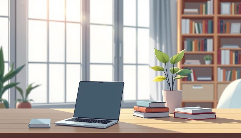 A serene workspace with a laptop, books, and a potted plant on a minimalist wooden desk. Diffused natural light filters through large windows, casting a warm glow. In the background, a bookshelf showcases a collection of AI and machine learning resources. The atmosphere is focused and contemplative, inviting the viewer to immerse themselves in the study of artificial intelligence. The composition emphasizes the balance between technology and nature, reflecting the harmony of online AI learning.