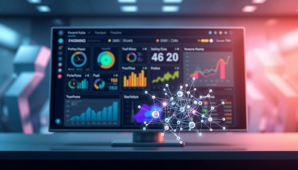 A sleek and intuitive interface for a pattern recognition software system. A central dashboard displays various data visualizations and analytics, with colorful graphs, charts, and icons illustrating the software's capabilities. In the foreground, a 3D model of a neural network structure hovers, with nodes and connections pulsing with energy. Soft, even lighting illuminates the scene, creating a sense of technological sophistication. The background features blurred, abstract shapes and gradients, suggesting the complex algorithms and data processing powering the software. The overall atmosphere conveys a balance of futuristic innovation and user-friendly usability.