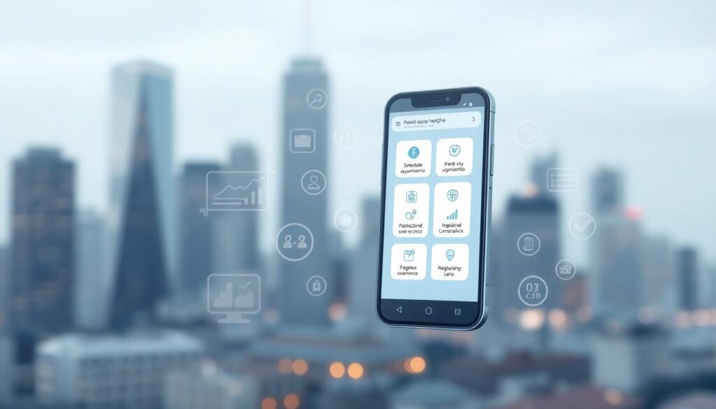 A sleek and minimalist mobile app interface floats against a backdrop of a blurred city skyline, conveying the concept of telemedicine and remote healthcare. In the foreground, a transparent phone screen displays a simple yet intuitive user interface with icons for scheduling appointments, accessing patient records, and initiating video consultations. The middle ground features abstract data visualizations and regulatory compliance icons, hinting at the secure and compliant nature of the app. Soft, diffused lighting creates a calming, professional atmosphere, while a subtle color palette of blues and grays evokes a sense of modern, digital healthcare.