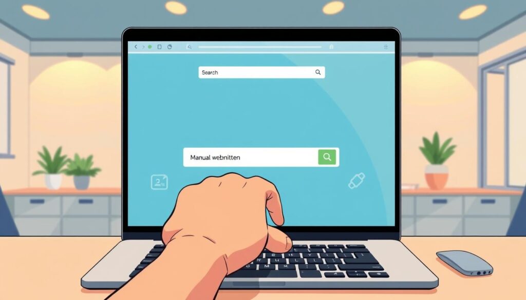 A sleek and modern desktop scene, with a laptop displaying a search engine homepage at the center. In the foreground, a hand hovers over the keyboard, poised to submit a website URL. The middle ground features subtle icons and illustrations symbolizing the manual submission process. The background is a softly lit office environment, with minimalist decor and clean lines, conveying a sense of efficiency and professionalism. Warm lighting casts a subtle glow, creating a mood of focus and productivity. The overall composition suggests the seamless integration of technology and human effort in the process of website submission to search engines.