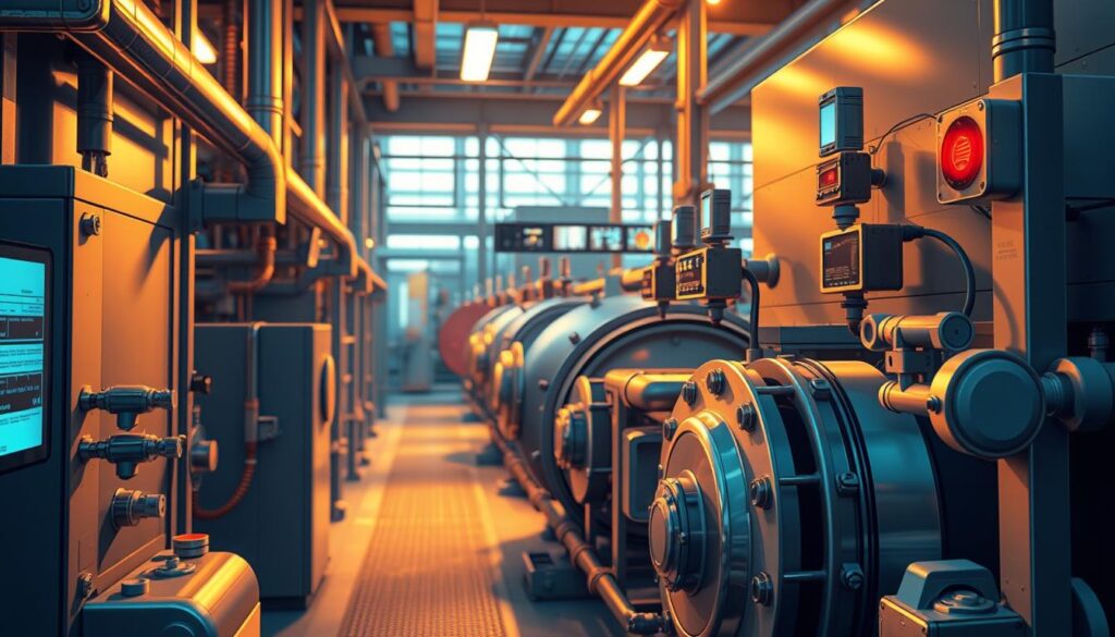 A sleek and modern industrial setting, with an array of IoT sensors mounted on various machinery and equipment. The sensors are strategically positioned to monitor critical parameters like temperature, vibration, and energy consumption. The scene is bathed in a warm, ambient light, casting subtle shadows that add depth and dimension. The sensors are visually striking, with their metallic casings and LED indicators, conveying a sense of advanced technology and connectivity. The overall atmosphere is one of precision, efficiency, and the convergence of industrial processes and digital intelligence, reflecting the challenges faced in adopting predictive maintenance solutions. A sleek and modern industrial setting, with an array of IoT sensors mounted on various machinery and equipment. The sensors are strategically positioned to monitor critical parameters like temperature, vibration, and energy consumption. The scene is bathed in a warm, ambient light, casting subtle shadows that add depth and dimension. The sensors are visually striking, with their metallic casings and LED indicators, conveying a sense of advanced technology and connectivity. The overall atmosphere is one of precision, efficiency, and the convergence of industrial processes and digital intelligence, reflecting the challenges faced in adopting predictive maintenance solutions.