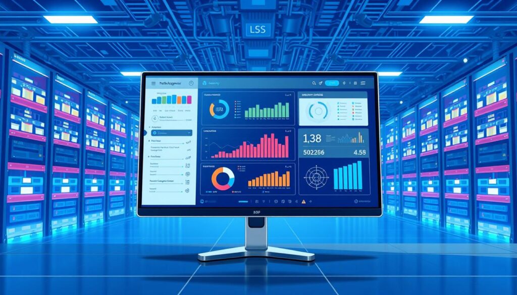 A sleek and modern intelligent stock management platform, with a clean and intuitive user interface displayed on a high-resolution touchscreen monitor. The screen showcases advanced data visualization tools, real-time inventory tracking, and predictive analytics dashboards, all bathed in a cool, blue-tinted lighting that emanates a sense of technological sophistication. In the background, a complex network of interconnected servers and databases hums with activity, creating the impression of a powerful, AI-driven system that seamlessly optimizes inventory management. The entire scene is captured from a slightly elevated angle, giving a sense of authority and command over the platform's capabilities.