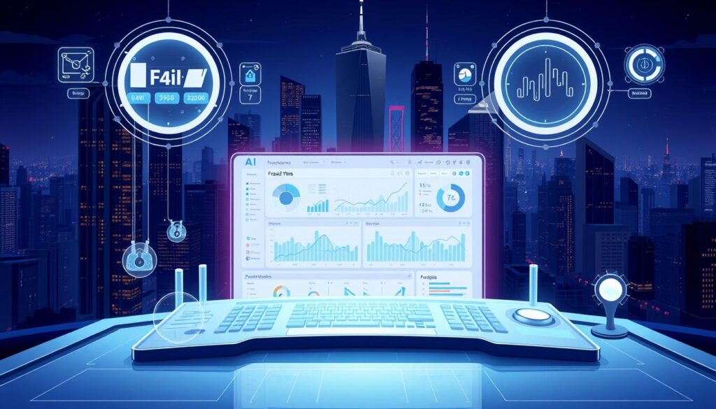 A sleek and sophisticated AI-powered control panel, featuring a central dashboard displaying real-time fraud detection analytics. Surrounding the dashboard are various visualizations and data charts, offering insights into fraudulent patterns and anomalies. The interface is bathed in a cool, futuristic glow, with holographic overlays and minimalist design elements. In the background, a cityscape at night, with skyscrapers and neon lights, symbolizing the scale and complexity of modern financial systems. The overall mood is one of precision, power, and technological mastery in the face of ever-evolving fraud threats.