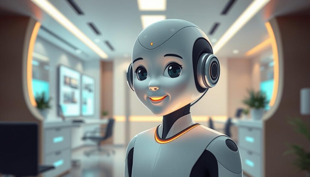 A sleek, futuristic AI customer service agent, personalized with a warm, friendly demeanor, stands in a minimalist office setting. Soft, indirect lighting illuminates the agent's face, conveying a sense of approachability and attentiveness. The background features a clean, tech-inspired aesthetic with subtle holographic displays and smooth, reflective surfaces, suggesting the integration of advanced AI capabilities. The overall atmosphere is one of seamless, intelligent assistance, designed to enhance the customer's experience and foster a sense of personalized engagement. A sleek, futuristic AI customer service agent, personalized with a warm, friendly demeanor, stands in a minimalist office setting. Soft, indirect lighting illuminates the agent's face, conveying a sense of approachability and attentiveness. The background features a clean, tech-inspired aesthetic with subtle holographic displays and smooth, reflective surfaces, suggesting the integration of advanced AI capabilities. The overall atmosphere is one of seamless, intelligent assistance, designed to enhance the customer's experience and foster a sense of personalized engagement.
