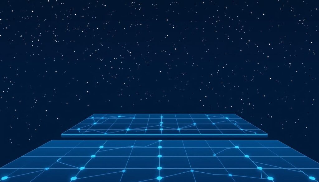 A sleek, futuristic data dashboard floats against a backdrop of a starry night sky. In the foreground, a clean grid of interlinked nodes and connections symbolizes the structured data that powers voice search algorithms. Subtle highlights and shadows give depth to the composition, while a cool color palette of blues and grays evokes a sense of technological precision. The overall scene conveys the importance of structured data in optimizing for voice search, with an aesthetic that aligns with the cutting-edge nature of the topic.