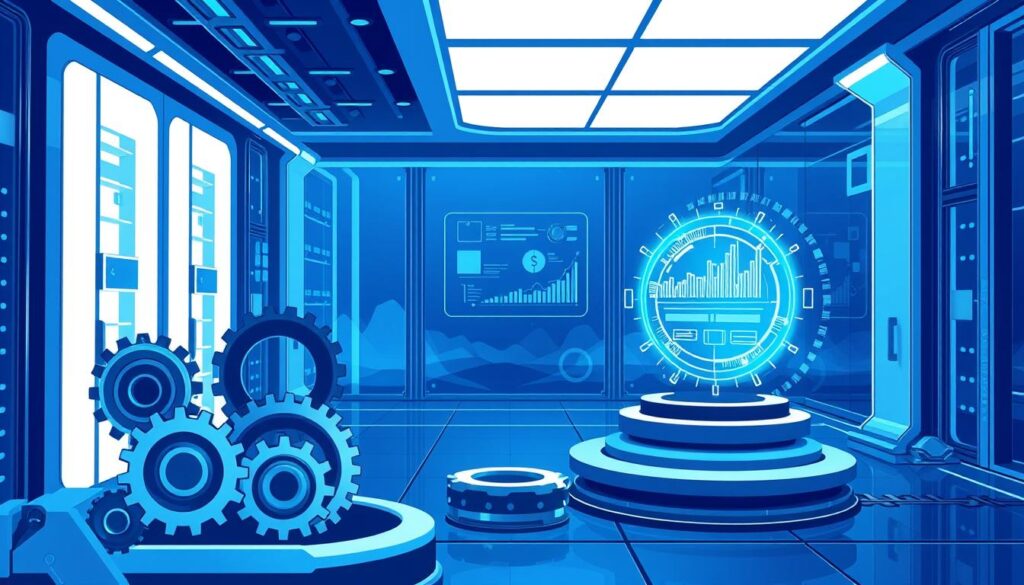 A sleek, futuristic data processing hub, illuminated by cool, hues of blue and white. In the foreground, interlocking gears and cogs symbolize the intricate mechanics of data algorithms, while the middle ground features a holographic display showcasing real-time data visualizations. The background is a serene, minimalist landscape of abstract geometric shapes, hinting at the computational power at work. The overall scene conveys a sense of order, efficiency, and technological sophistication, perfectly suited to illustrate the "Implementing Data Processing Algorithms" section of the article.