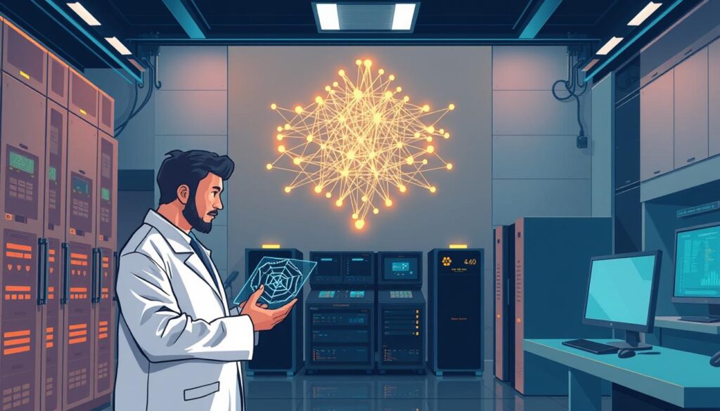 A sleek, futuristic laboratory setting with advanced AI hardware and software systems. In the foreground, a scientist in a white lab coat examines a holographic display, analyzing performance metrics and optimization strategies. In the middle ground, a towering neural network diagram is projected onto the wall, its intricate connections illuminated by warm, focused lighting. The background features cutting-edge computer equipment, server racks, and the faint glow of monitors, creating an atmosphere of technological innovation and scientific discovery. The overall scene conveys the power of transfer learning in elevating AI performance through careful optimization and analysis.
