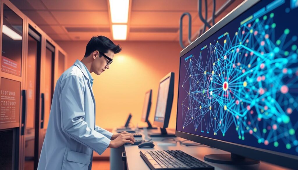 A sleek, futuristic laboratory setting with cutting-edge computing equipment. In the foreground, a high-resolution display showcases a visualization of a complex neural network architecture, its intricate layers and connections illuminated in vibrant hues. In the middle ground, a scientist in a white lab coat leans intently over a workstation, meticulously adjusting parameters and studying the real-time results. The background is bathed in a soft, warm glow, creating an atmosphere of focused innovation and technological progress. Precise, technical lighting accentuates the precision of the machinery and the intensity of the research, capturing the essence of machine learning for image classification.