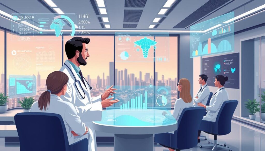 A sleek, futuristic medical clinic interior with holographic displays showcasing predictive healthcare analytics. In the foreground, a doctor in a white coat interacts with a transparent touchscreen interface, analyzing patient data and simulation models. The middle ground features patients undergoing remote consultations, their vitals and test results seamlessly transmitted to the clinic's systems. The background depicts a panoramic view of a modern city skyline, hinting at the global reach and connectivity of the telehealth platform. Soft, ambient lighting, and a clean, minimalist aesthetic convey a sense of innovation and precision in the delivery of personalized, data-driven healthcare.